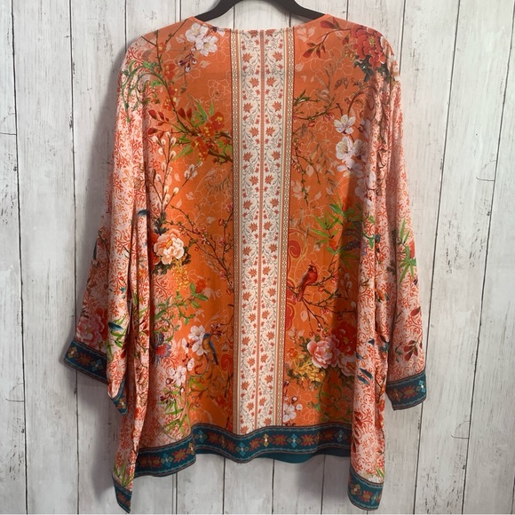 New John Mark Embroidered V-Neck 3/4 Sleeve Tunic Boho Western Top 2X Bird Print - Picture 11 of 16